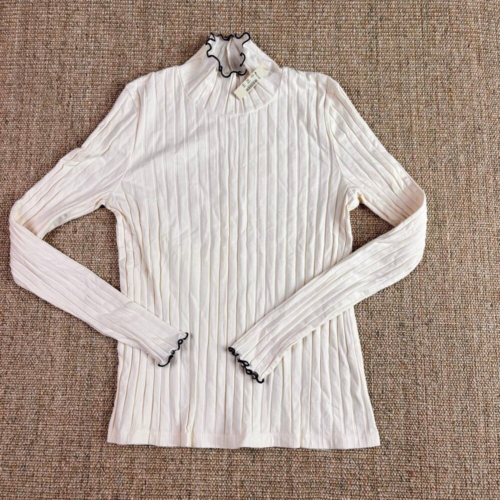 🤍 Madewell Ribbed Mock Neck Top | Size L | Ivory/Navy